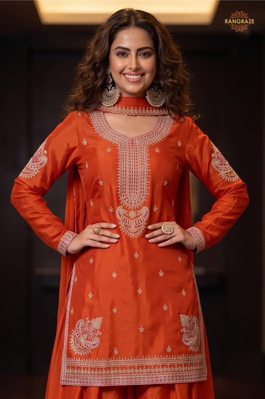 Orange Stitched Embroidered Chinon Sharara Suit