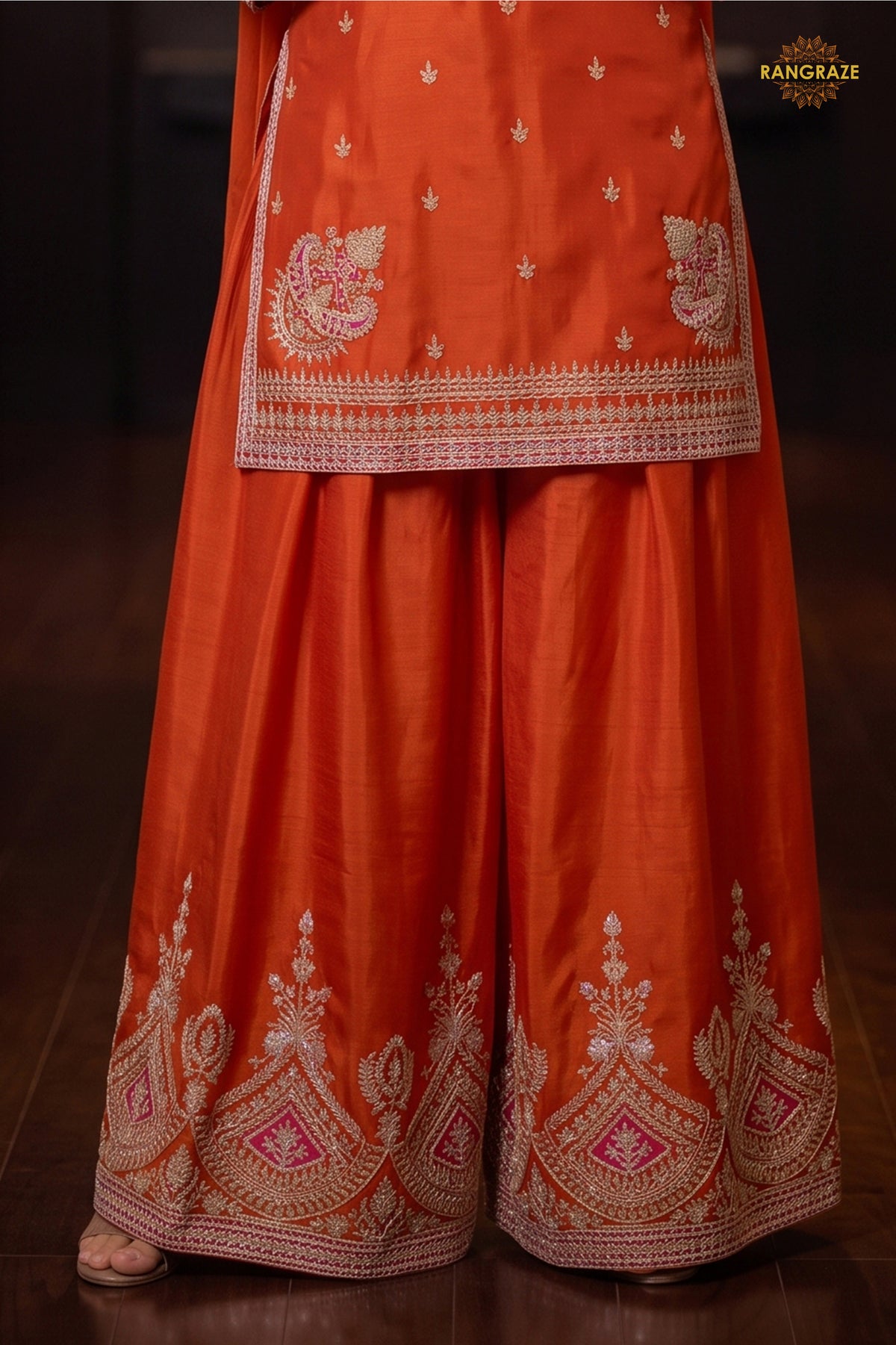 Orange Stitched Embroidered Chinon Sharara Suit