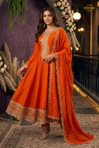 Orange Stitched Embroidered Silk Anarkali Suit
