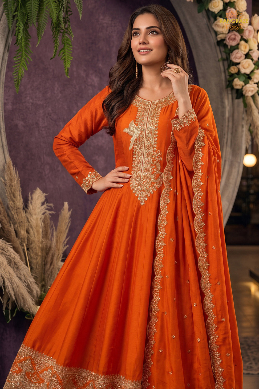 Orange Stitched Embroidered Silk Anarkali Suit