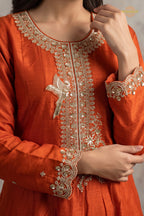 Orange Stitched Embroidered Silk Anarkali Suit