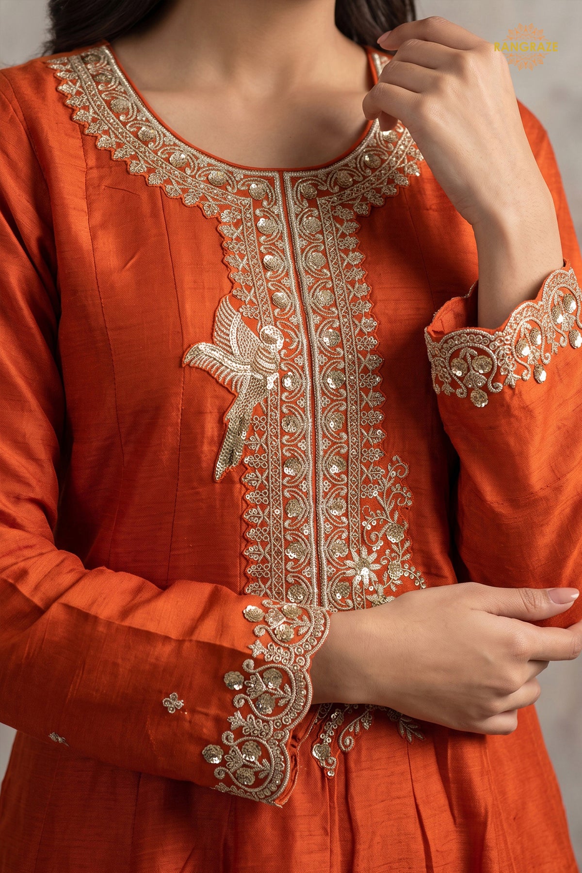 Orange Stitched Embroidered Silk Anarkali Suit