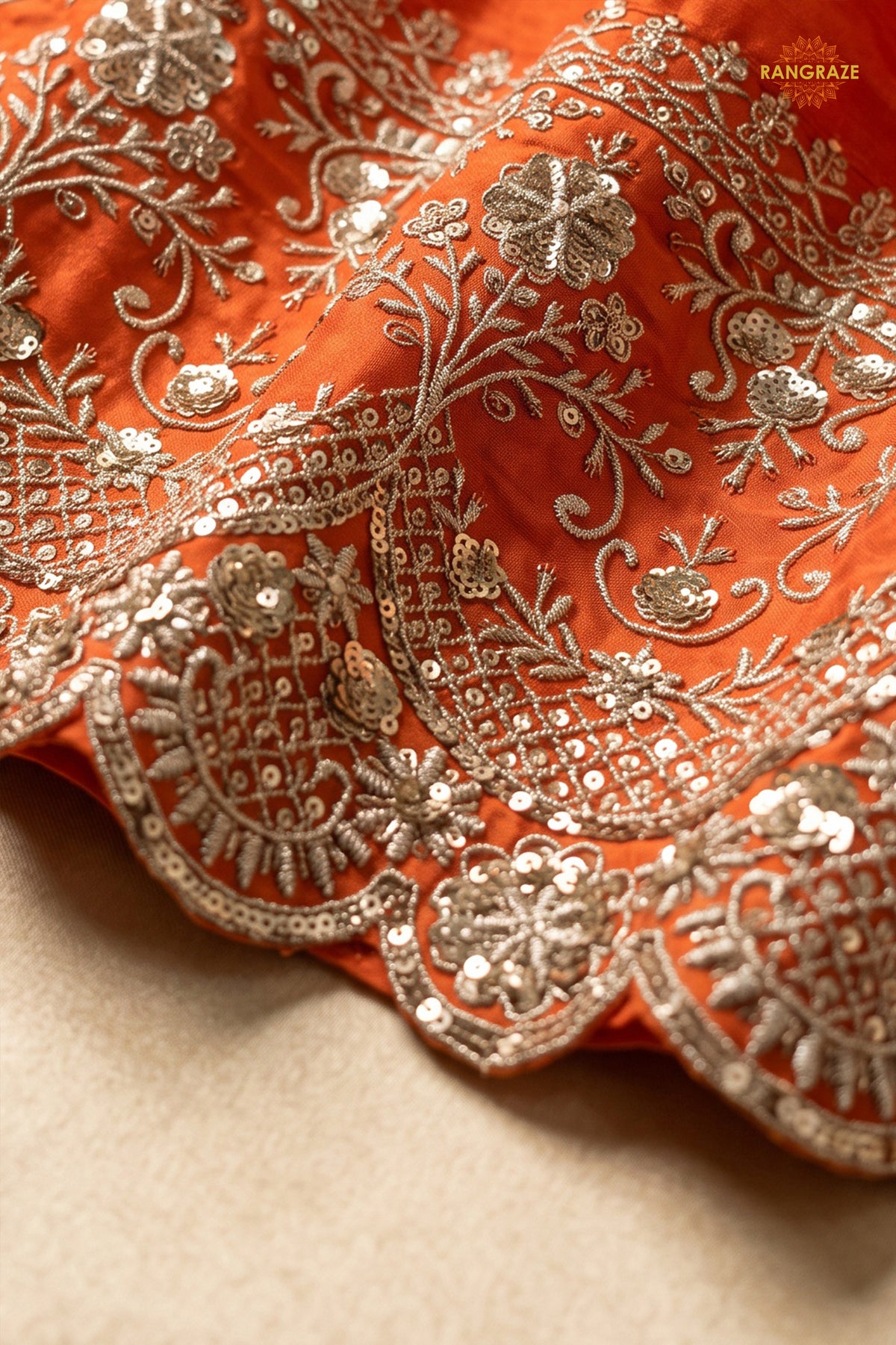 Orange Stitched Embroidered Silk Anarkali Suit