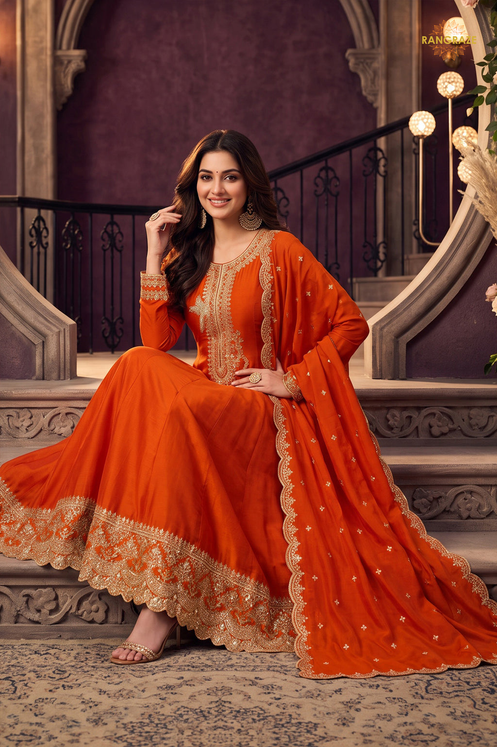 Orange Stitched Embroidered Silk Anarkali Suit