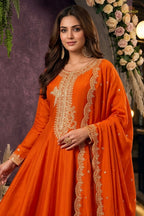 Orange Stitched Embroidered Silk Anarkali Suit