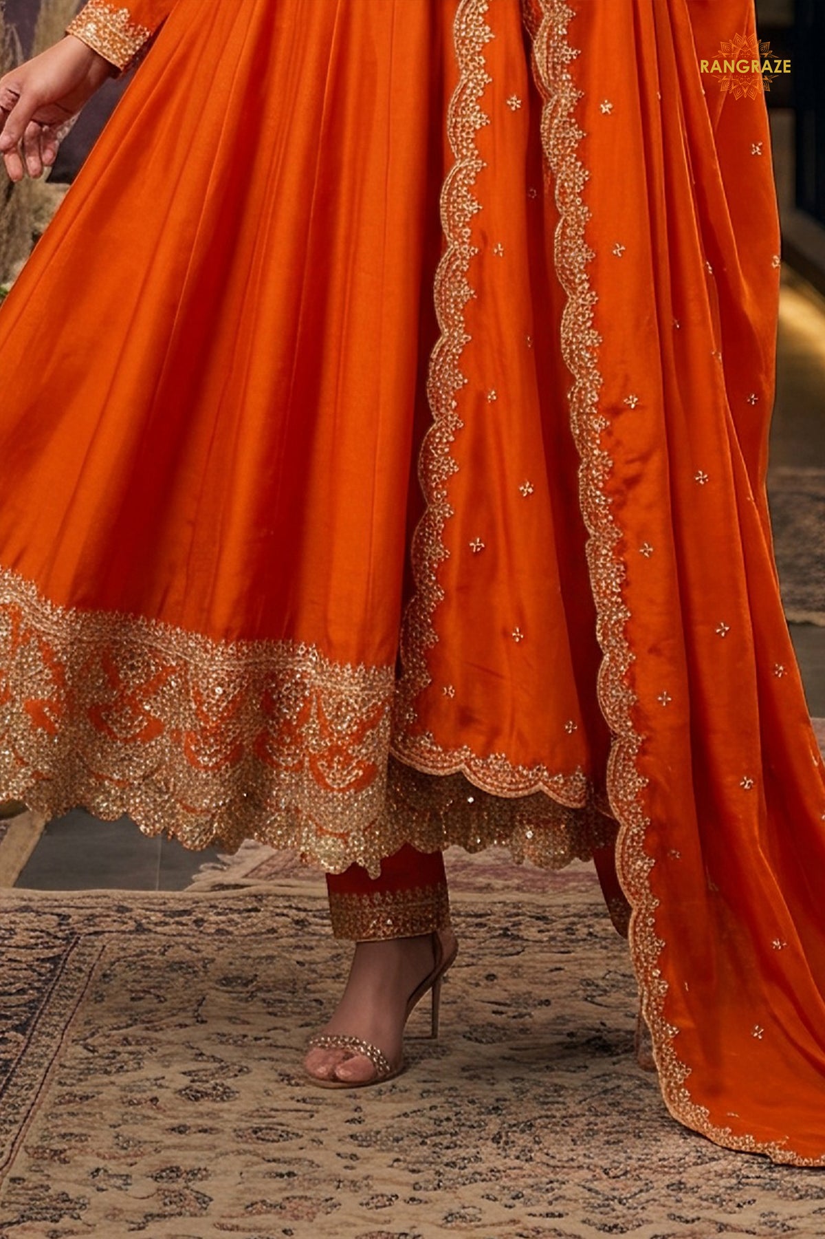 Orange Stitched Embroidered Silk Anarkali Suit