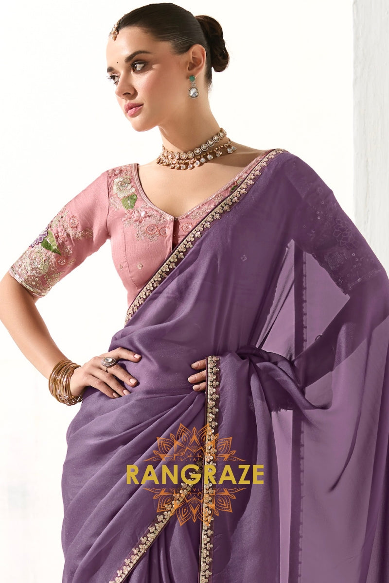 Lavender Elegance Saree with Blush Pink Floral Blouse