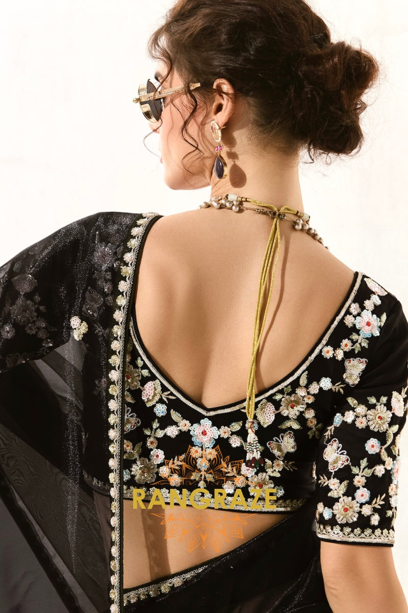 Midnight Bloom Organza Tissue Saree
