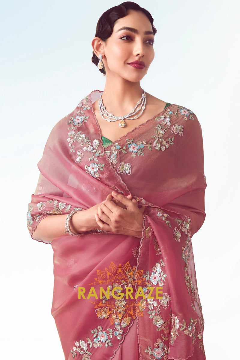 Blush Bloom Organza Saree with Embroidered Floral Handwork