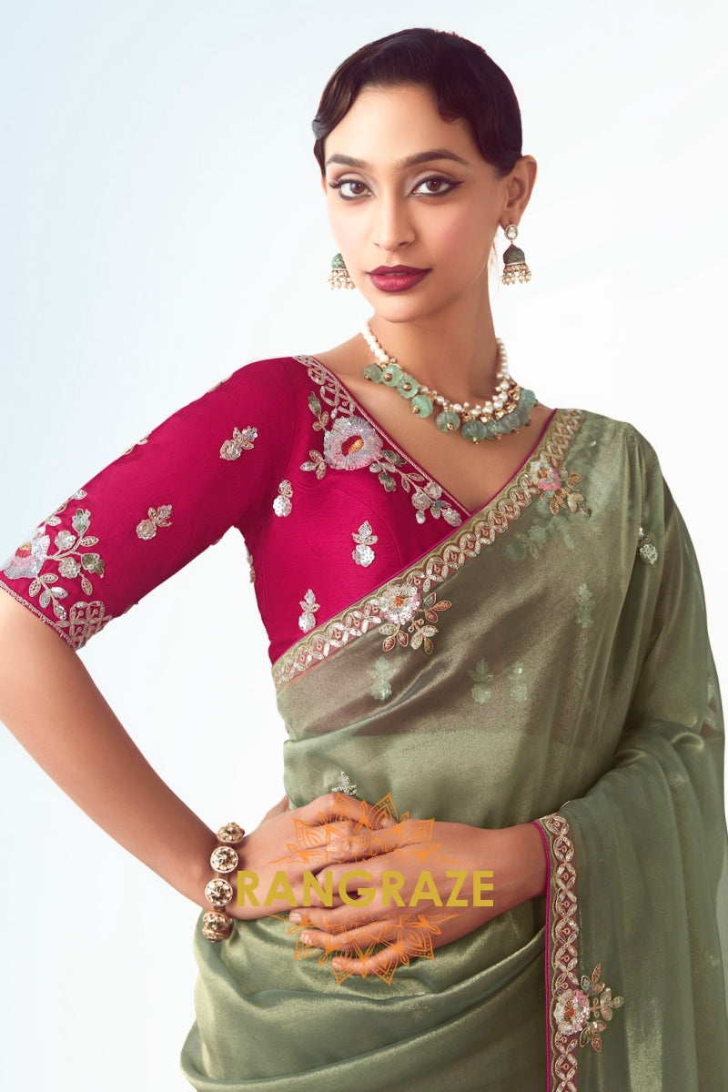 Olive Opulence Organza Saree with Rani Pink Embroidered Blouse