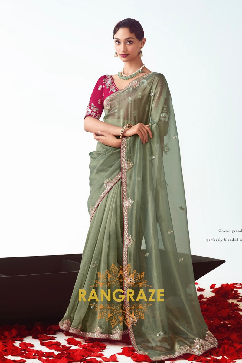 Olive Opulence Organza Saree with Rani Pink Embroidered Blouse