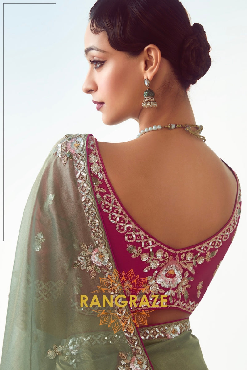 Olive Opulence Organza Saree with Rani Pink Embroidered Blouse