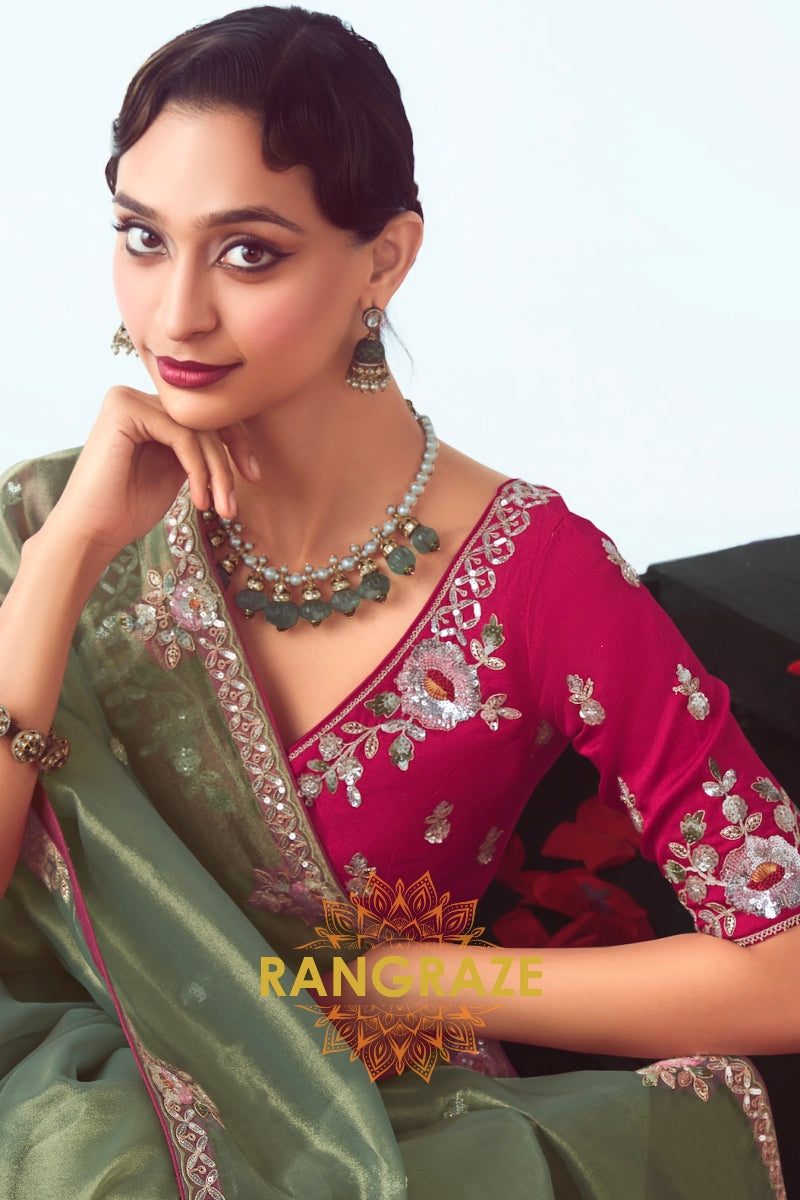 Olive Opulence Organza Saree with Rani Pink Embroidered Blouse