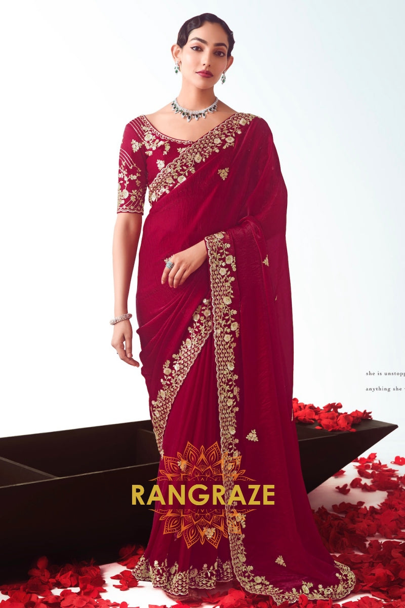 Royal Maroon Zari Embroidered Designer Saree