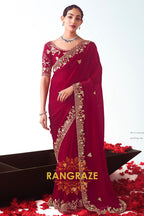 Royal Maroon Zari Embroidered Designer Saree