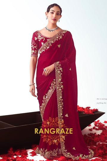 Royal Maroon Zari Embroidered Designer Saree