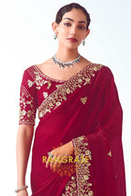 Royal Maroon Zari Embroidered Designer Saree