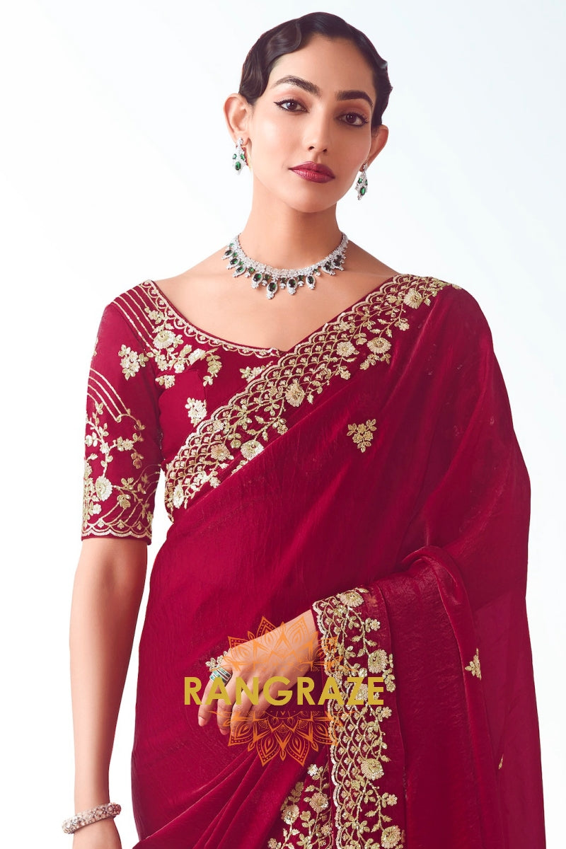Royal Maroon Zari Embroidered Designer Saree