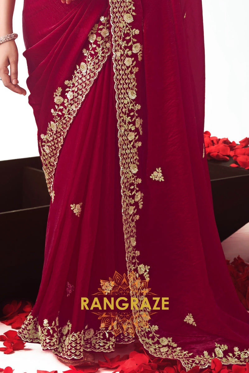 Royal Maroon Zari Embroidered Designer Saree