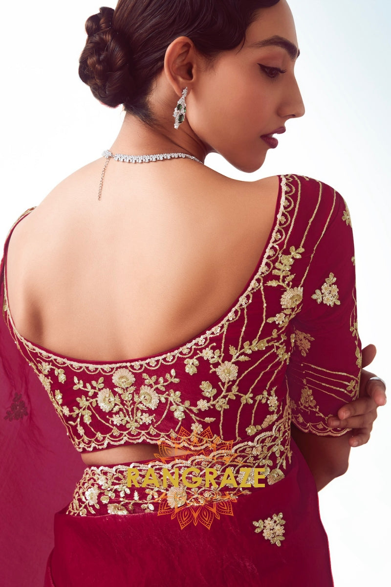 Royal Maroon Zari Embroidered Designer Saree