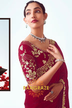 Royal Maroon Zari Embroidered Designer Saree