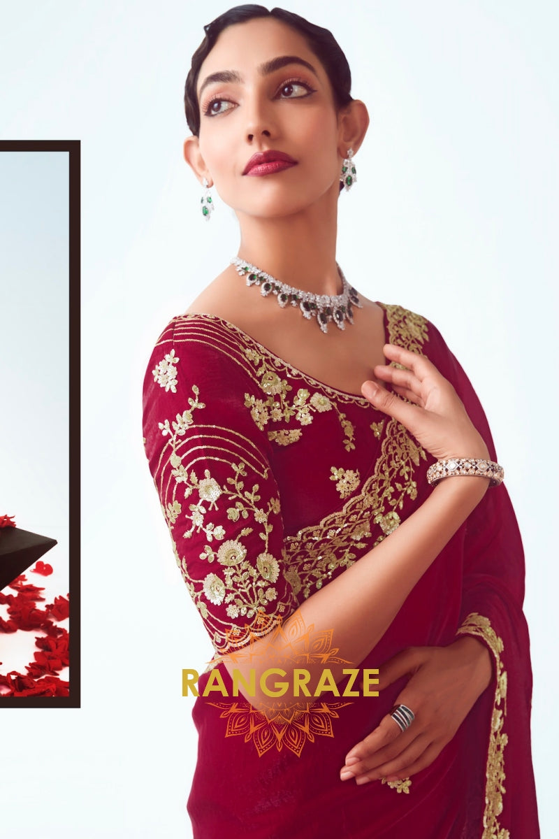 Royal Maroon Zari Embroidered Designer Saree