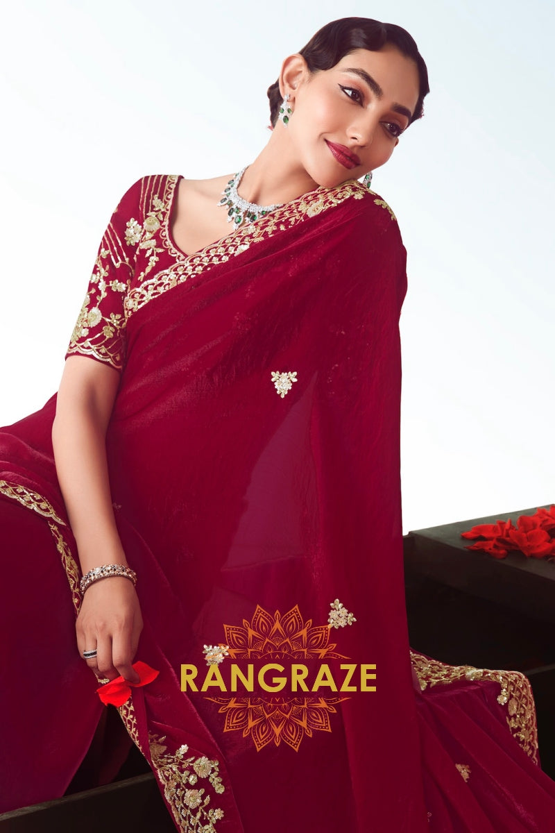 Royal Maroon Zari Embroidered Designer Saree