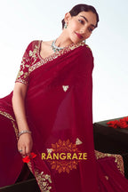 Royal Maroon Zari Embroidered Designer Saree