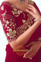 Royal Maroon Zari Embroidered Designer Saree