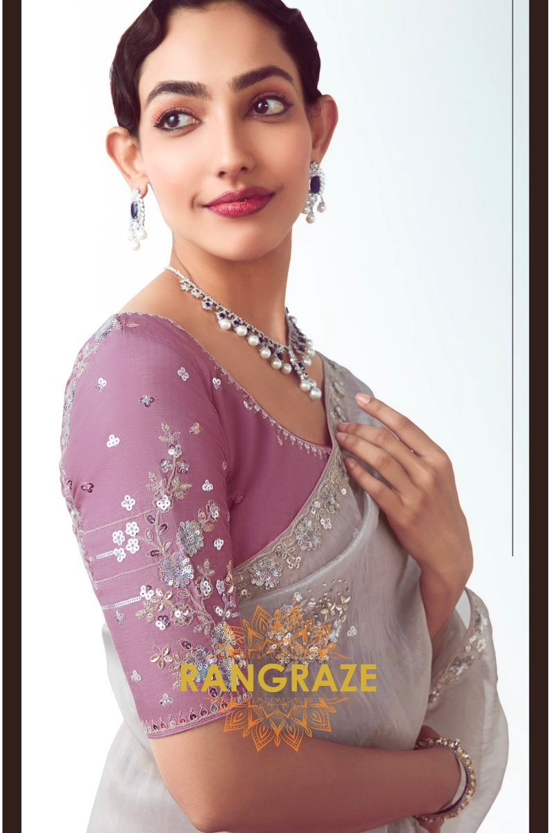 Moonlit Mist – Silver Organza Saree with Lavender Blouse