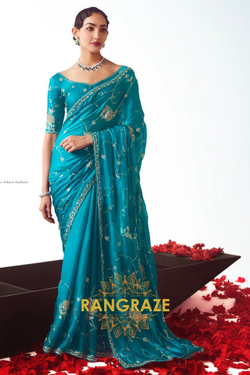 Ocean Bloom Embroidered Organza Saree