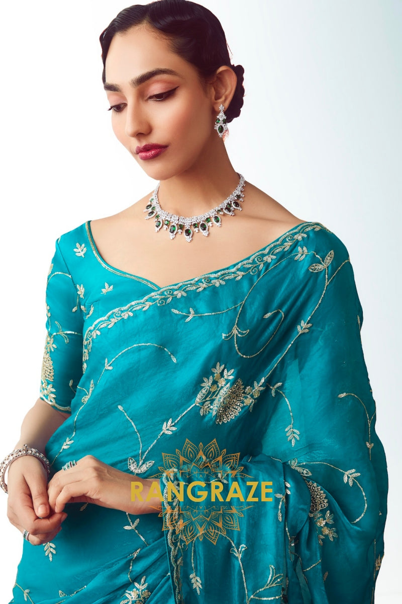 Ocean Bloom Embroidered Organza Saree