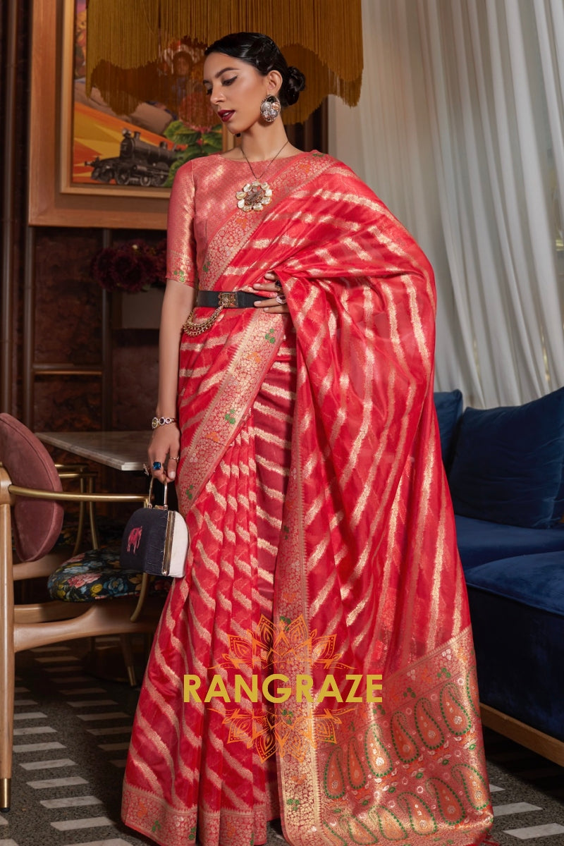 Bridal Red Meenakari Weaving Organza Banarasi Silk Saree