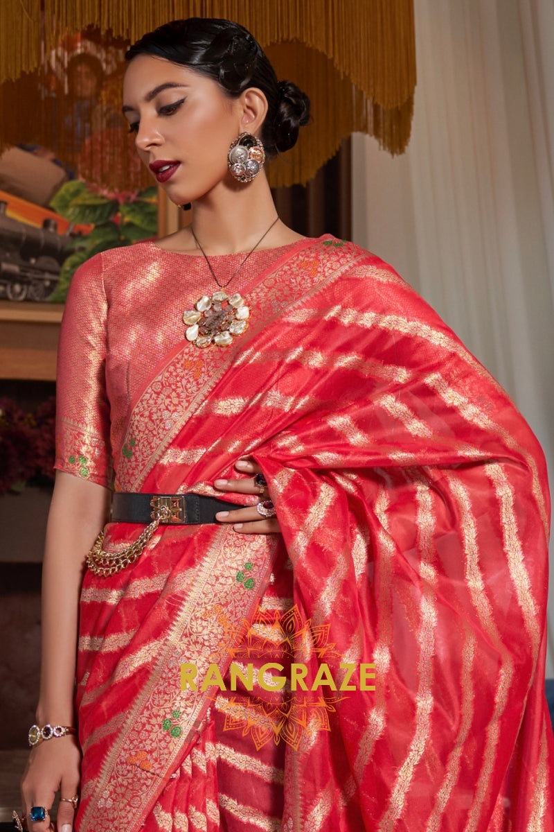 Bridal Red Meenakari Weaving Organza Banarasi Silk Saree