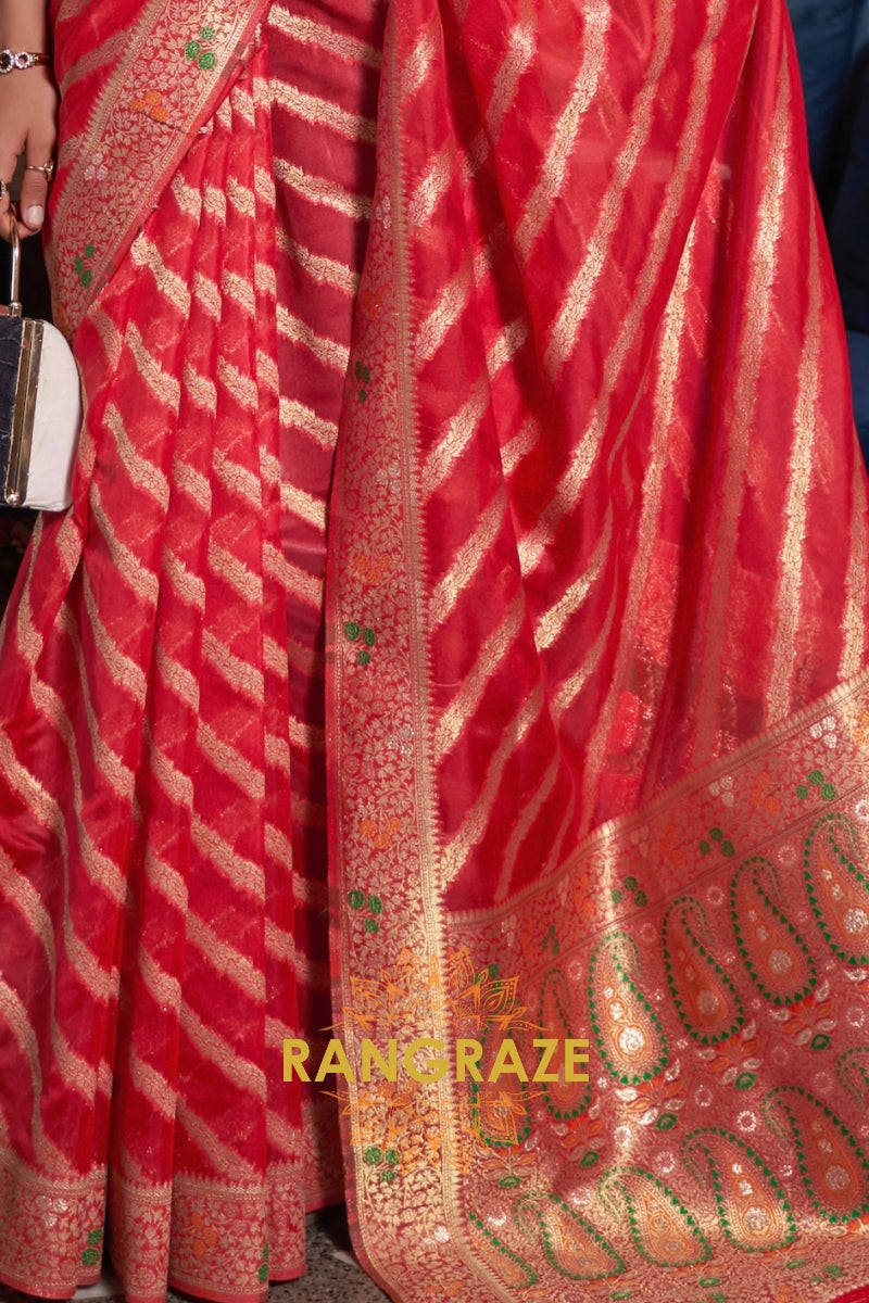 Bridal Red Meenakari Weaving Organza Banarasi Silk Saree