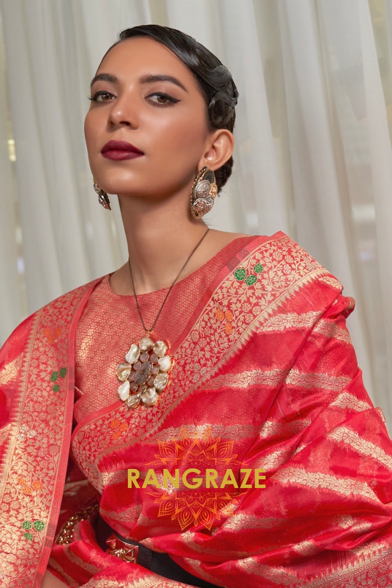 Bridal Red Meenakari Weaving Organza Banarasi Silk Saree