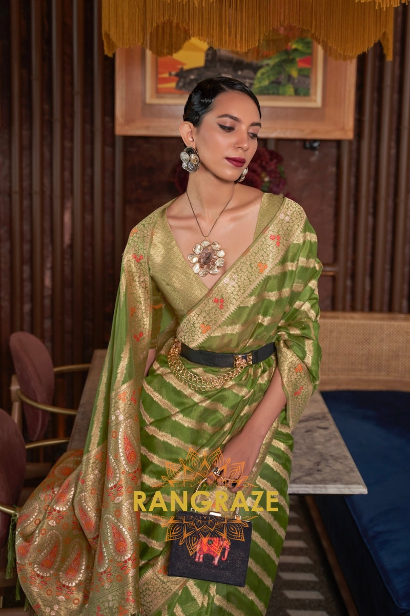 Olive Green Meenakari Weaving Organza Banarasi Silk Saree