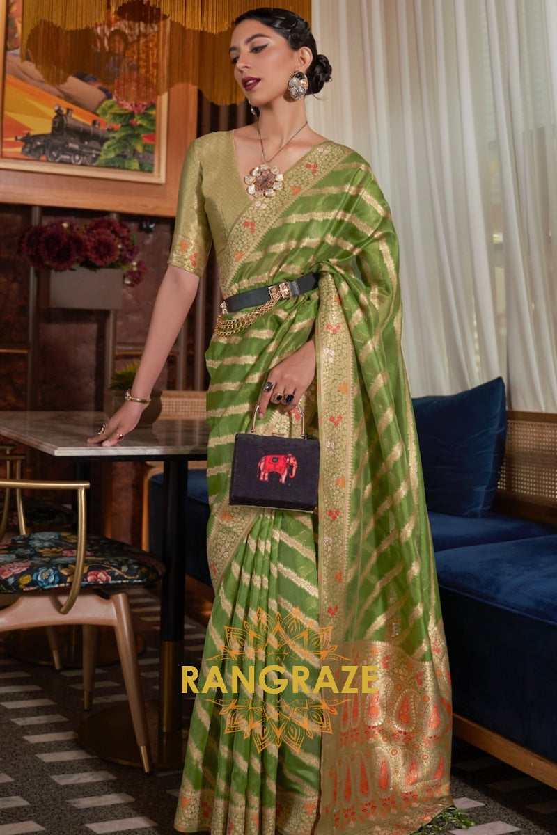 Olive Green Meenakari Weaving Organza Banarasi Silk Saree