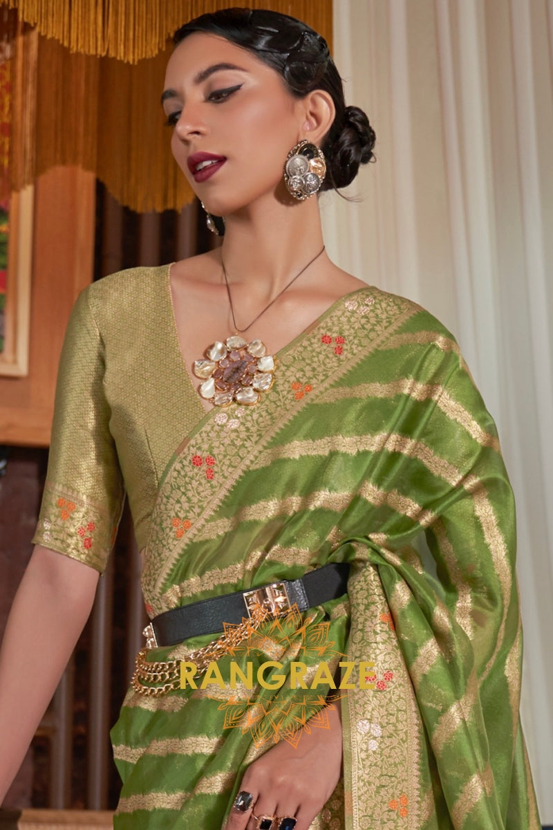 Olive Green Meenakari Weaving Organza Banarasi Silk Saree