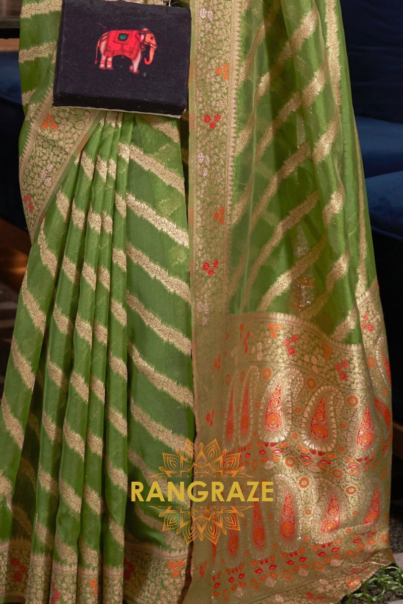 Olive Green Meenakari Weaving Organza Banarasi Silk Saree