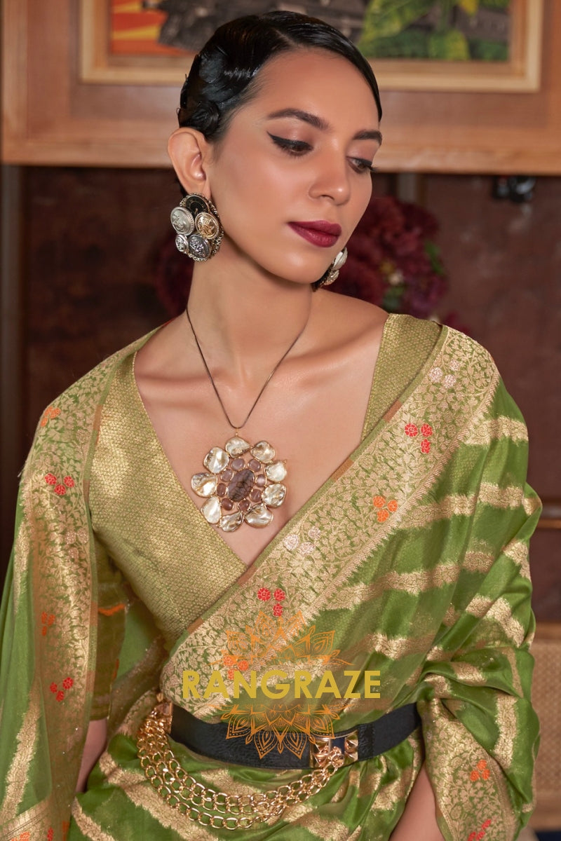 Olive Green Meenakari Weaving Organza Banarasi Silk Saree