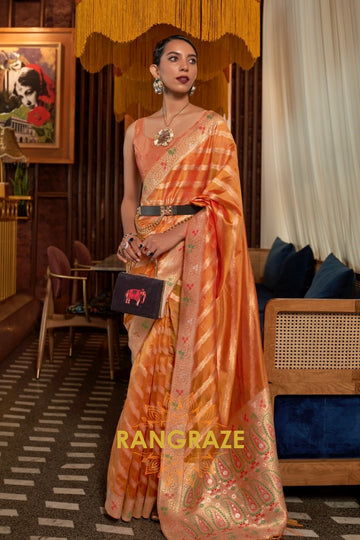 Peach Orange Meenakari Weaving Organza Banarasi Silk Saree