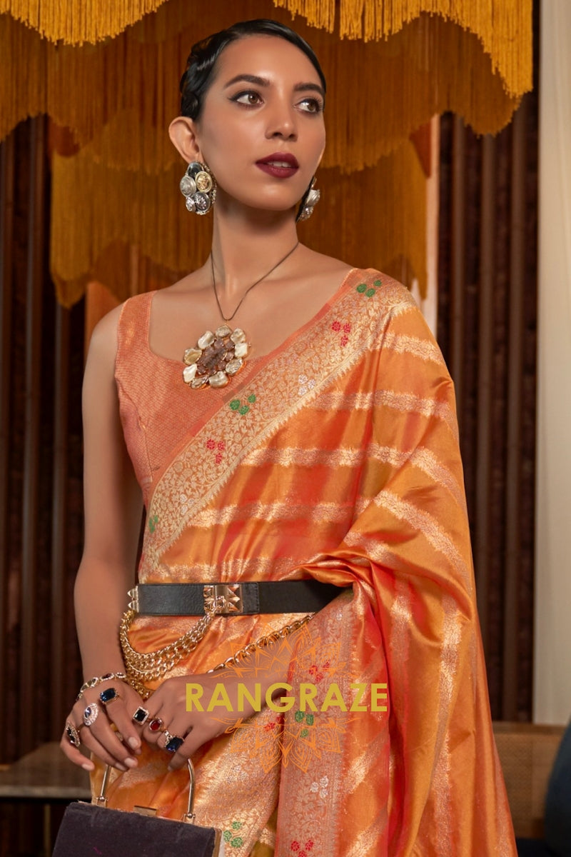 Peach Orange Meenakari Weaving Organza Banarasi Silk Saree