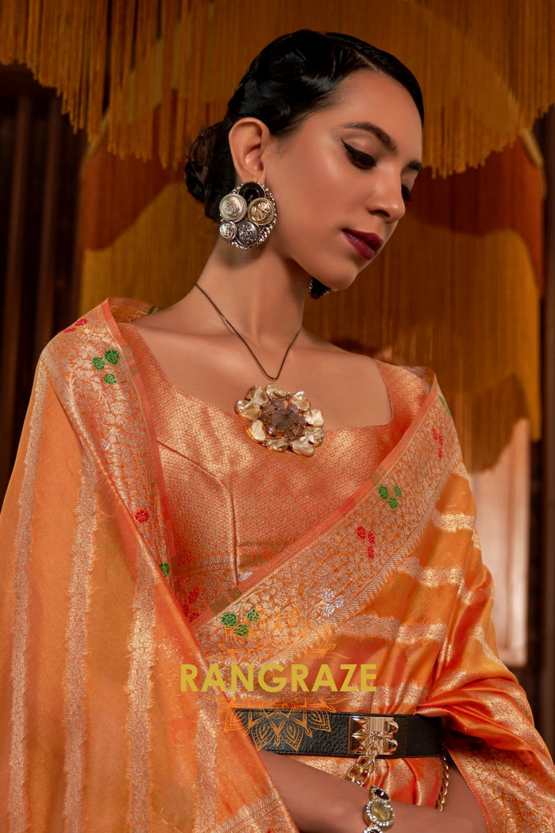 Peach Orange Meenakari Weaving Organza Banarasi Silk Saree