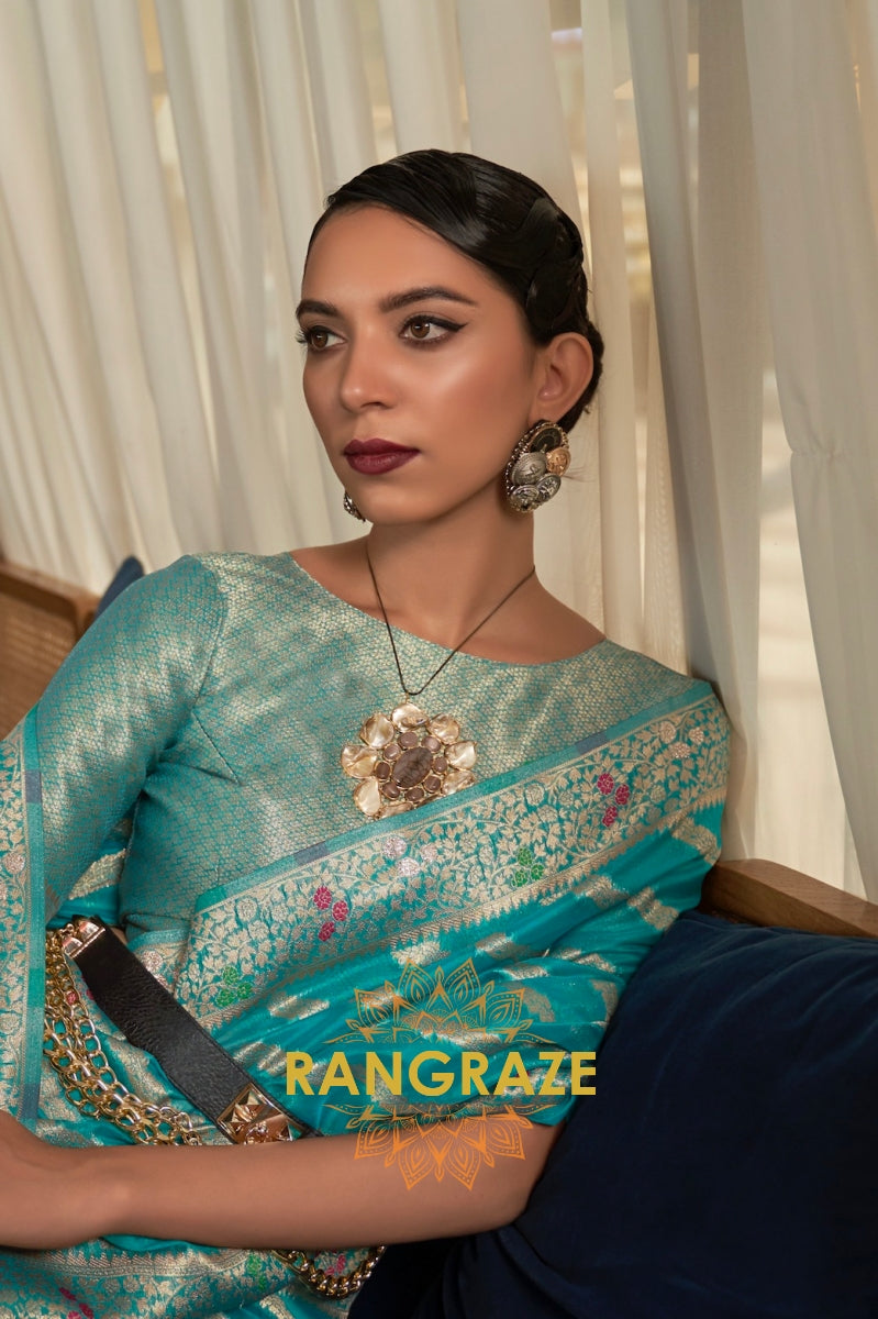 Azure Blue Meenakari Weaving Organza Banarasi Silk Saree