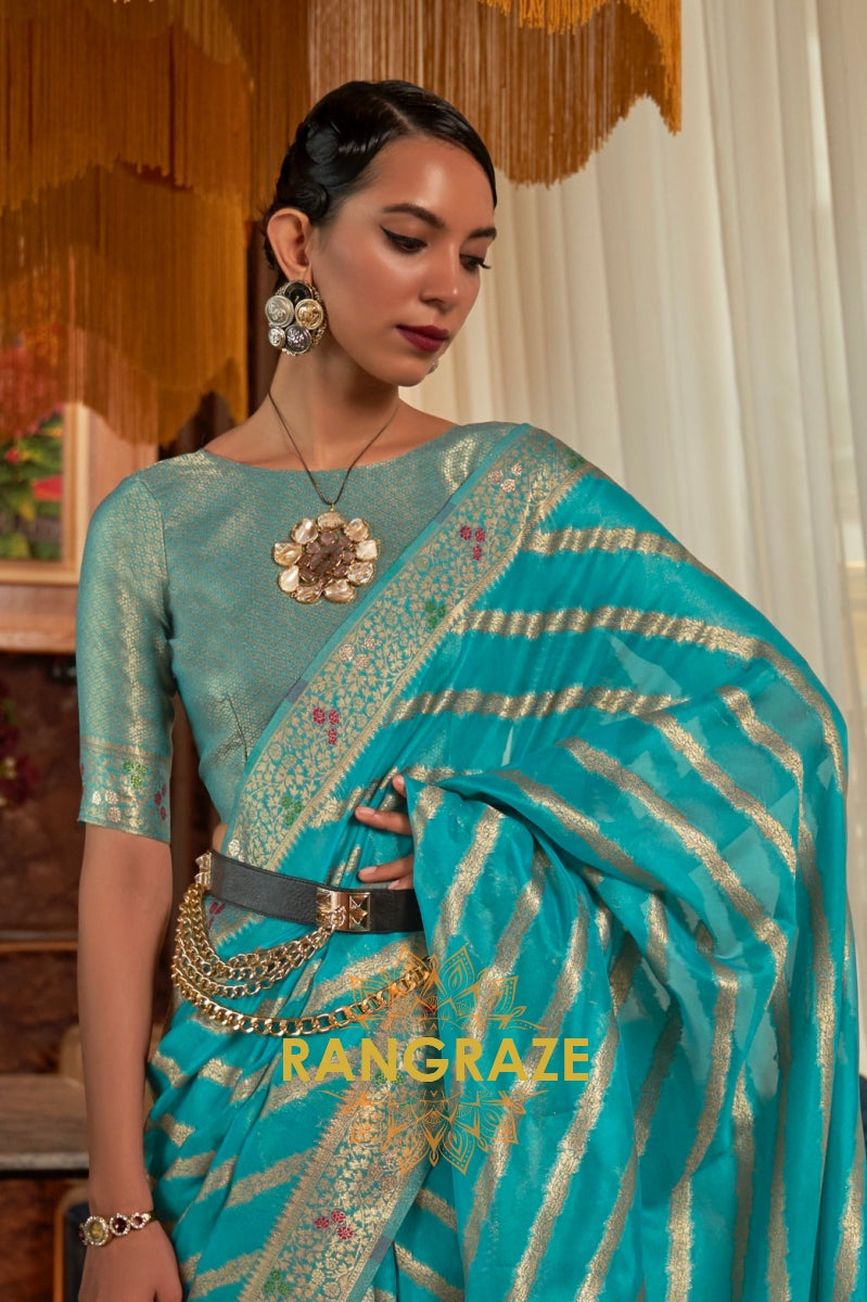 Azure Blue Meenakari Weaving Organza Banarasi Silk Saree