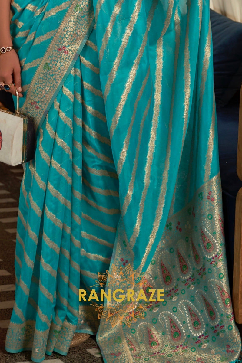 Azure Blue Meenakari Weaving Organza Banarasi Silk Saree