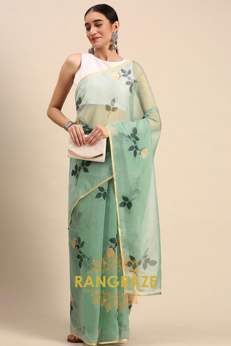 Sea Green Organza Floral Saree