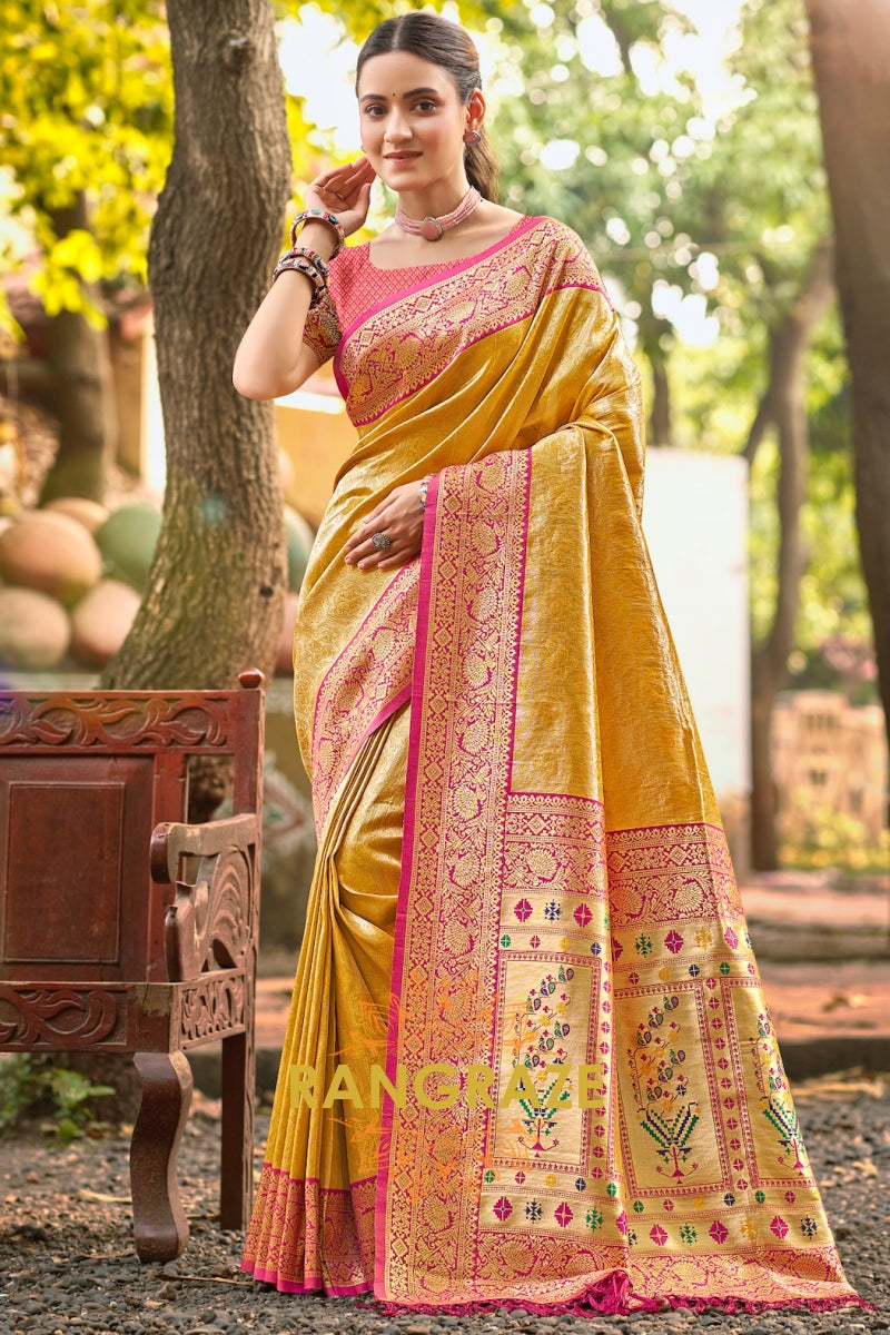 Golden Yellow Kanjivaram Silk Saree with Paithani Pallu