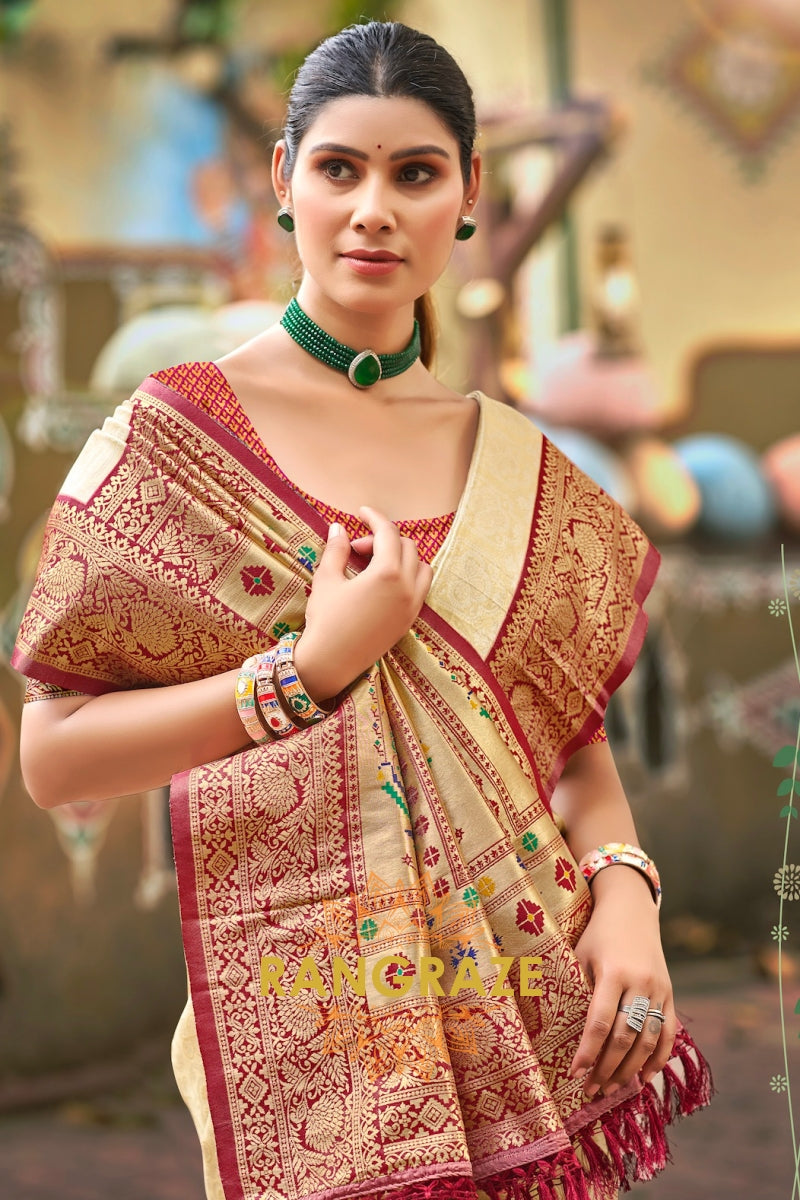 Golden Patola Silk Saree with Traditional Motifs